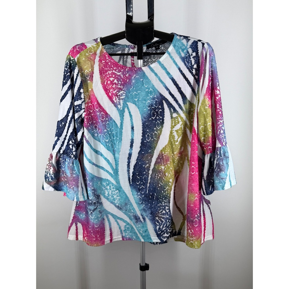 Calessa Womens XL Abstract Print Bell Sleeve Blouse Pink‎ Blue Green Top
